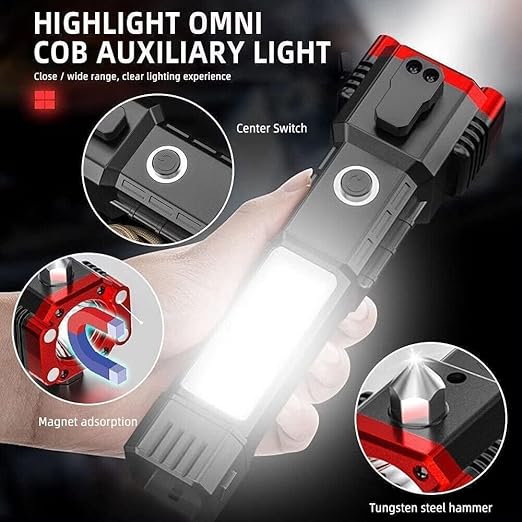 8-in-1 Rechargeable Emergency Flashlight Tool with Power Bank, Hammer, Cutter, Magnet & USB | Multi-Purpose Survival Torch