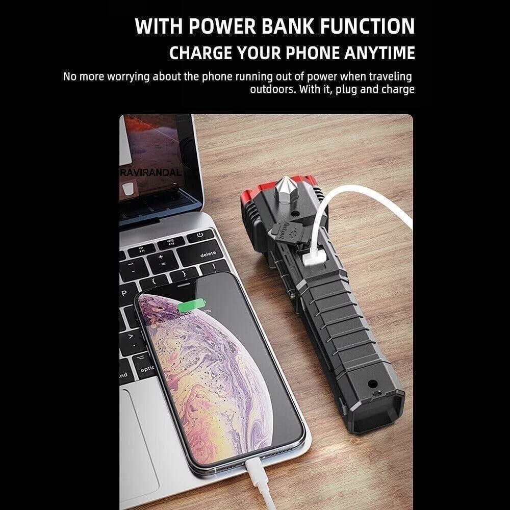 8-in-1 Rechargeable Emergency Flashlight Tool with Power Bank, Hammer, Cutter, Magnet & USB | Multi-Purpose Survival Torch
