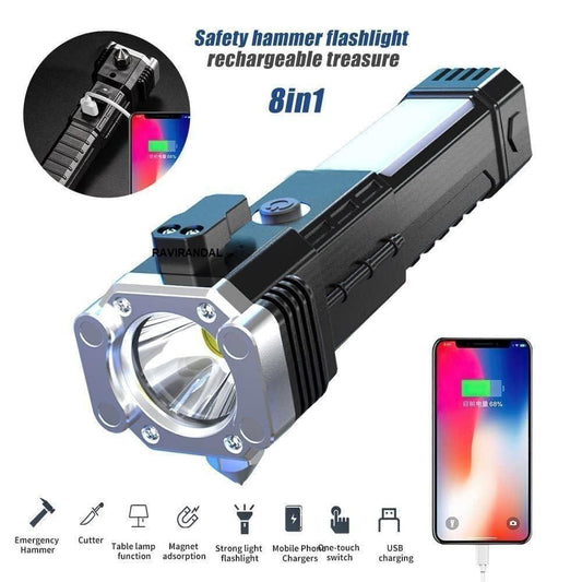 8-in-1 Rechargeable Emergency Flashlight Tool with Power Bank, Hammer, Cutter, Magnet & USB | Multi-Purpose Survival Torch