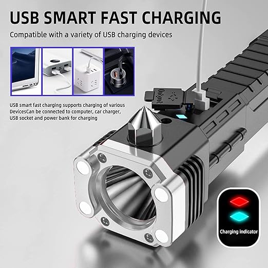 8-in-1 Rechargeable Emergency Flashlight Tool with Power Bank, Hammer, Cutter, Magnet & USB | Multi-Purpose Survival Torch