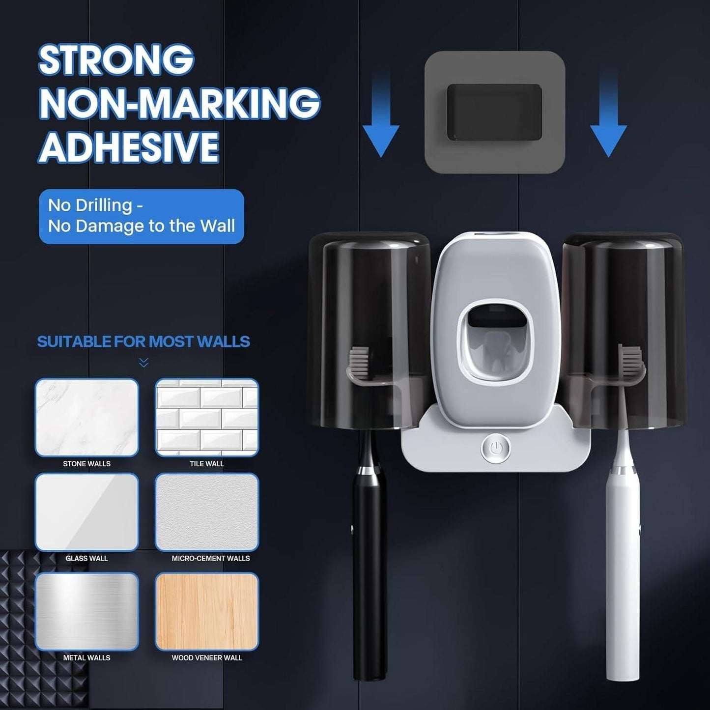 Tooth Brush Holders Set with Toothpaste Dispenser Wall Mounted